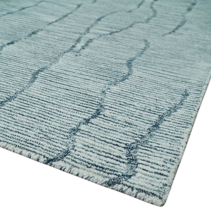 Modern Contemporary Woolen White and Blue Hand Tufted Area Rug