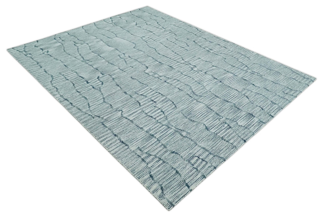Modern Contemporary Woolen White and Blue Hand Tufted Area Rug