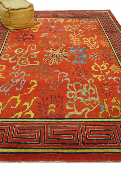 Modern Floral Orange 8x10 Hand Knotted wool Area Rug