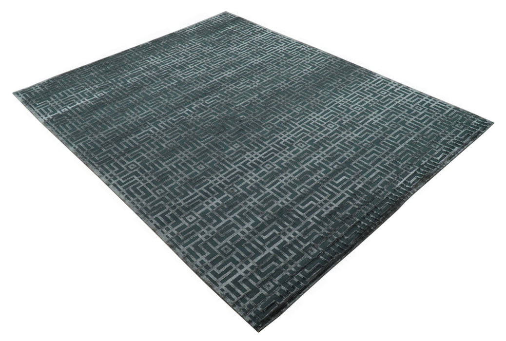 Modern Geometric Design Dark Teal And Silver 8x10 Hand Knotted Wool And Art Silk Rug