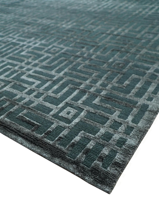 Modern Geometric Design Dark Teal And Silver 8x10 Hand Knotted Wool And Art Silk Rug
