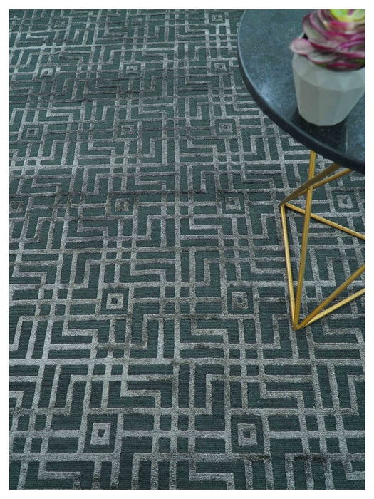 Modern Geometric Design Dark Teal And Silver 8x10 Hand Knotted Wool And Art Silk Rug