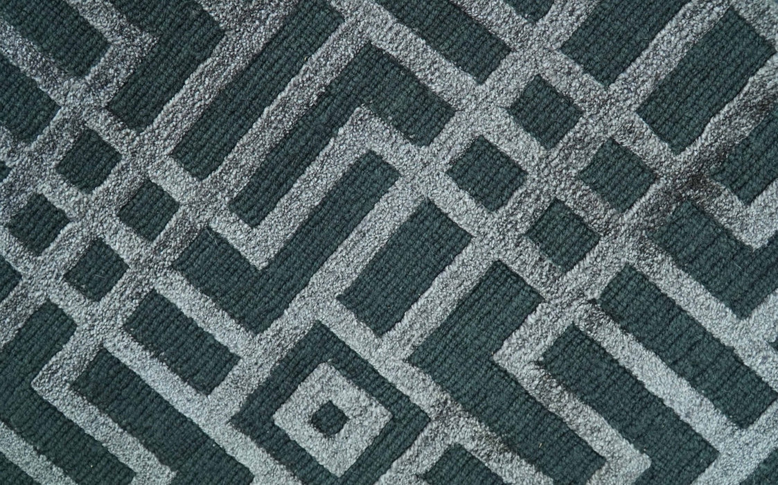 Modern Geometric Design Dark Teal And Silver 8x10 Hand Knotted Wool And Art Silk Rug
