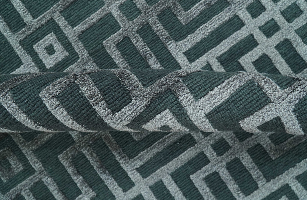 Modern Geometric Design Dark Teal And Silver 8x10 Hand Knotted Wool And Art Silk Rug