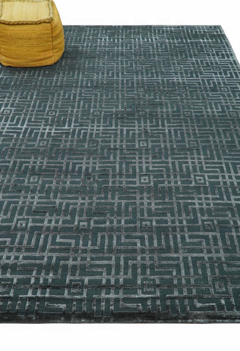 Modern Geometric Design Dark Teal And Silver 8x10 Hand Knotted Wool And Art Silk Rug