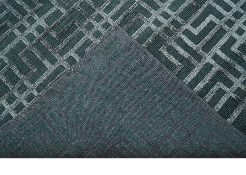 Modern Geometric Design Dark Teal And Silver 8x10 Hand Knotted Wool And Art Silk Rug