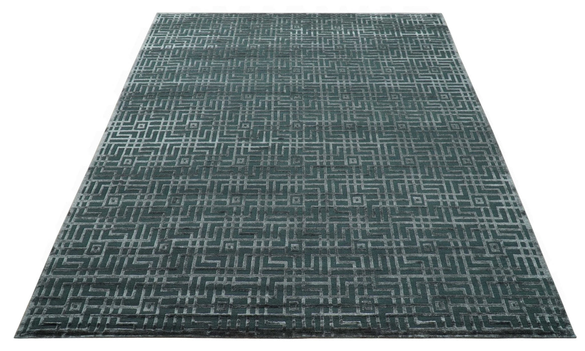 Modern Geometric Design Dark Teal And Silver 8x10 Hand Knotted Wool And Art Silk Rug