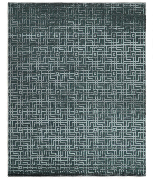 Modern Geometric Design Dark Teal And Silver 8x10 Hand Knotted Wool And Art Silk Rug