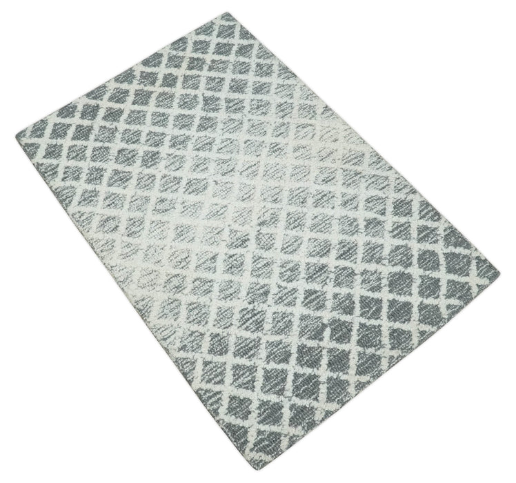Modern Geometric Ivory and Charcoal Hand Tufted Natural Wool Area Rug