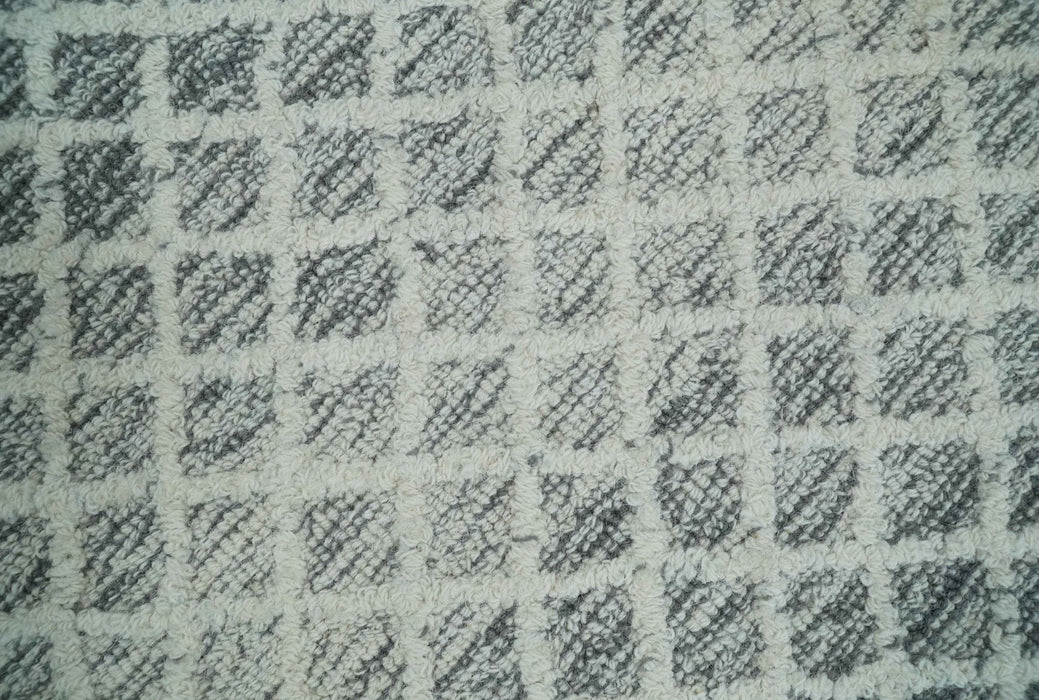 Modern Geometric Ivory and Charcoal Abstract Hand Tufted Natural Wool Multi Size Area Rug