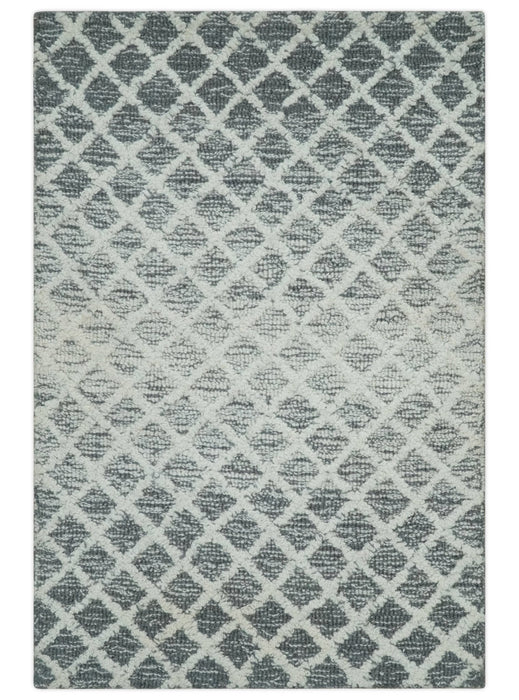 Modern Geometric Ivory and Charcoal Abstract Hand Tufted Natural Wool Multi Size Area Rug