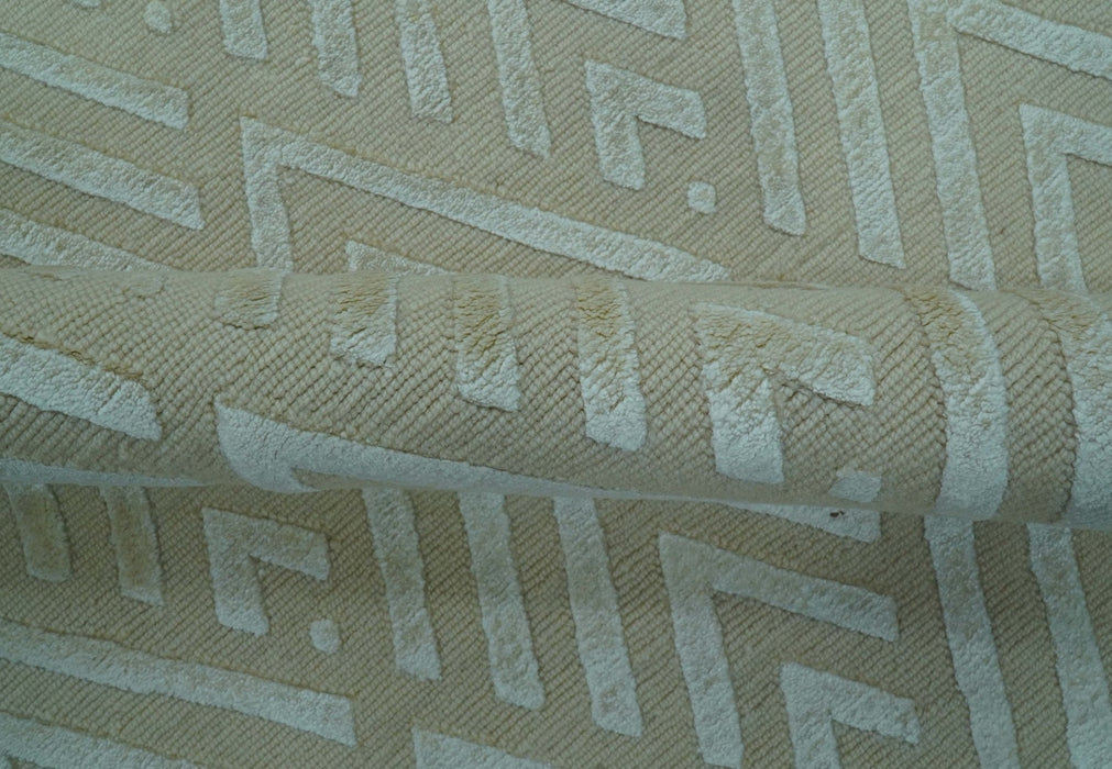 Modern Geometric Pattern Ivory And Beige Hand Knotted 9x12 Area Rug