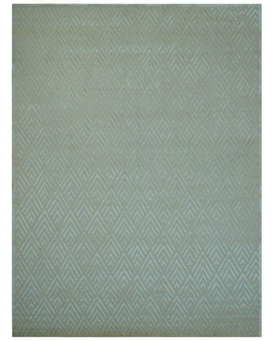 Modern Geometric Pattern Ivory And Beige Hand Knotted 9x12 Area Rug