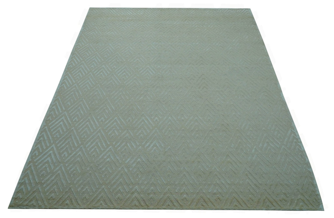 Modern Geometric Pattern Ivory And Beige Hand Knotted 9x12 Area Rug