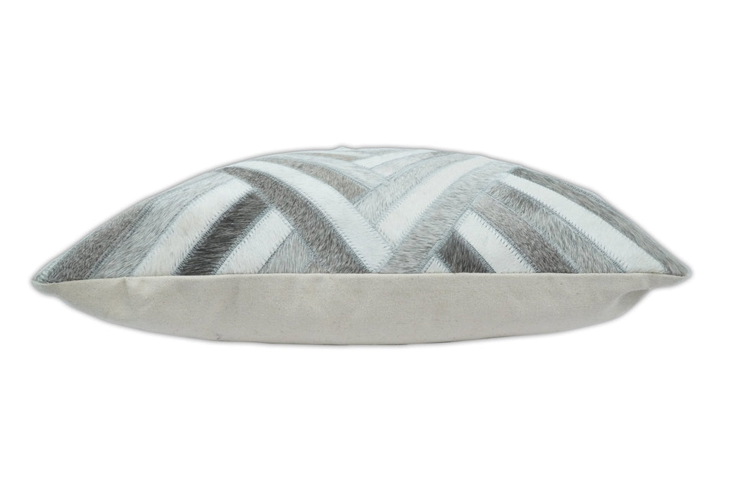 Modern Geometric Silver and Ivory Striped Genuine leather Pillow, Cushion | PL18