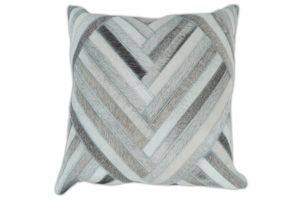Modern Geometric Silver and Ivory Striped Genuine leather Pillow, Cushion | PL18