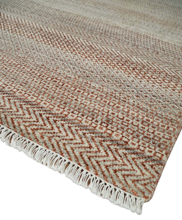Modern Geometric Trellis Scandinavian Hand Knotted 8x10 Rust, Ivory and Gray Wool Area Rug | TRDCP940810