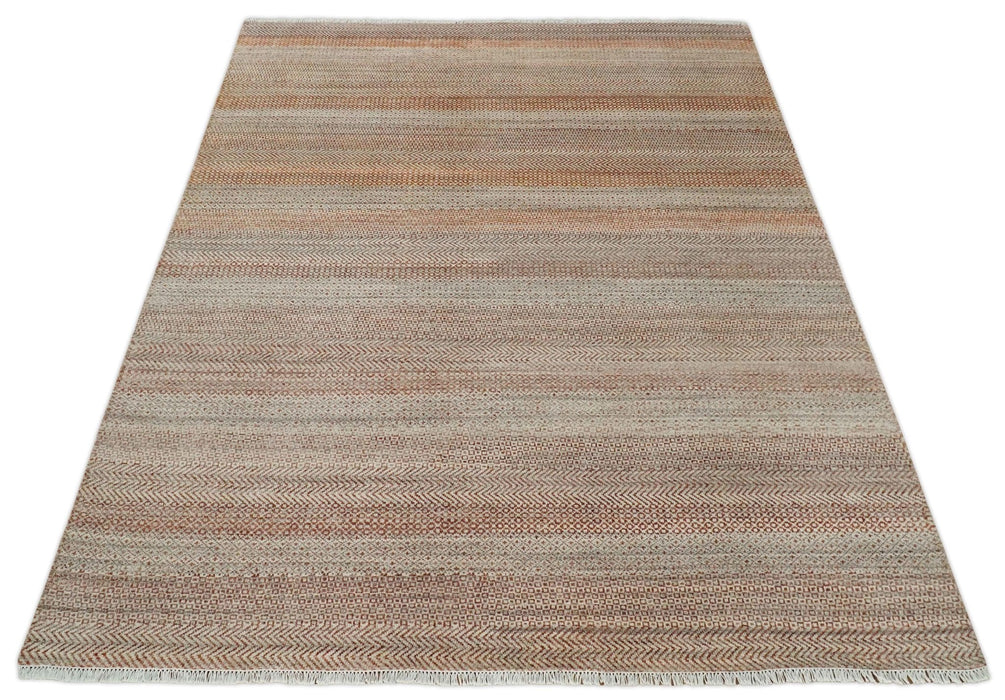 Modern Geometric Trellis Scandinavian Hand Knotted 8x10 Rust, Ivory and Gray Wool Area Rug | TRDCP940810