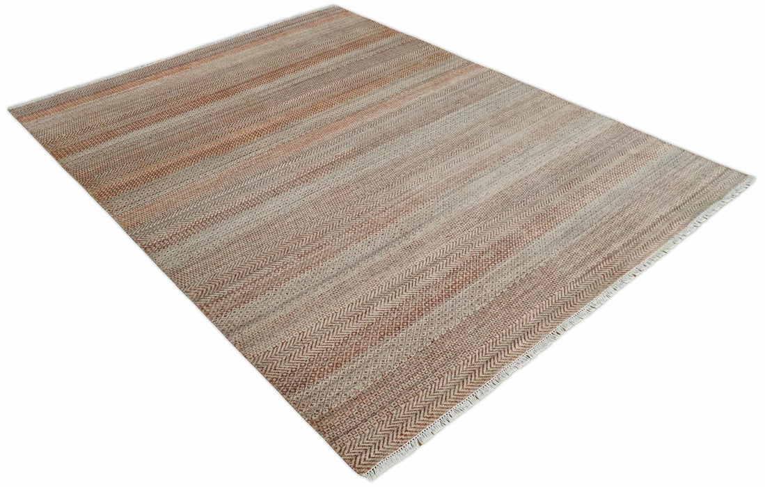 Modern Geometric Trellis Scandinavian Hand Knotted 8x10 Rust, Ivory and Gray Wool Area Rug | TRDCP940810