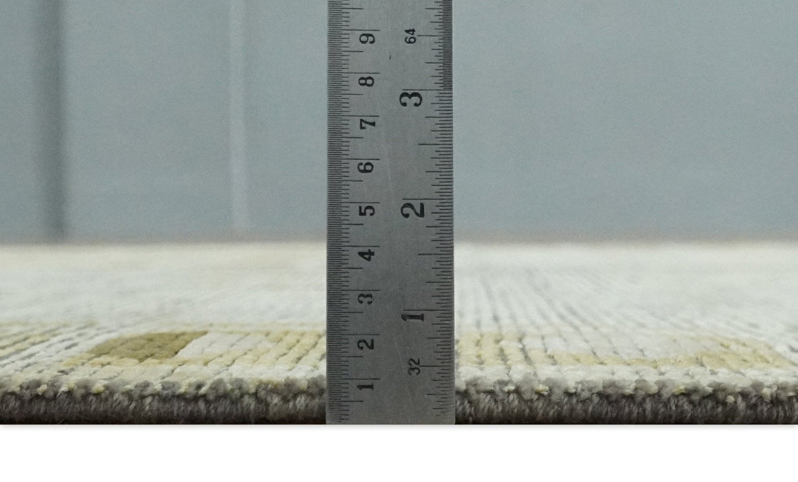 Modern Geometrical 4.6x6.6 Olive, Ivory and Charcoal Floral Hand Knotted Wool and Silk Area Rug