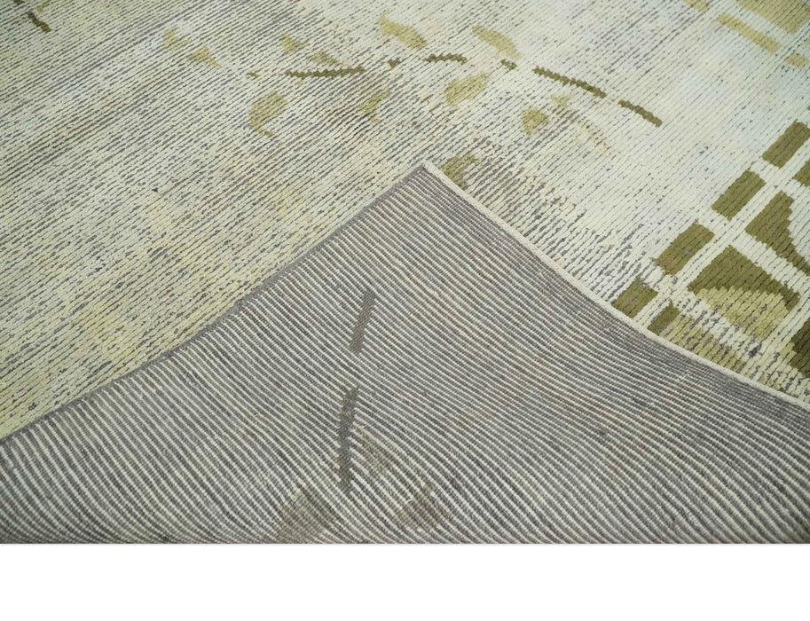 Modern Geometrical 4.6x6.6 Olive, Ivory and Charcoal Floral Hand Knotted Wool and Silk Area Rug