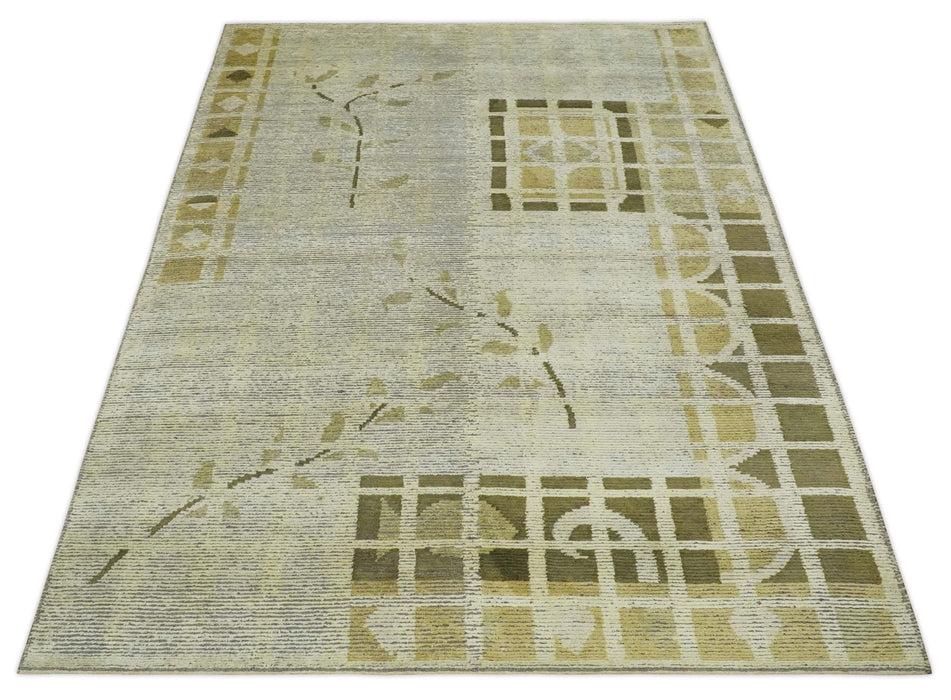 Modern Geometrical 4.6x6.6 Olive, Ivory and Charcoal Floral Hand Knotted Wool and Silk Area Rug