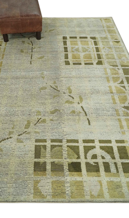 Modern Geometrical 4.6x6.6 Olive, Ivory and Charcoal Floral Hand Knotted Wool and Silk Area Rug