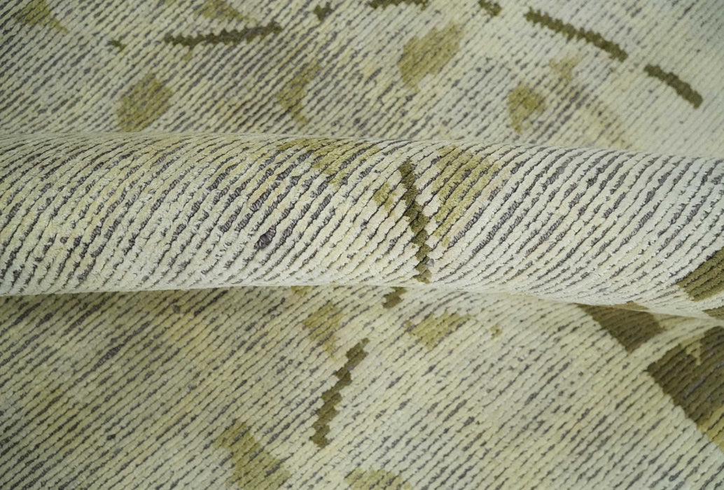 Modern Geometrical 4.6x6.6 Olive, Ivory and Charcoal Floral Hand Knotted Wool and Silk Area Rug