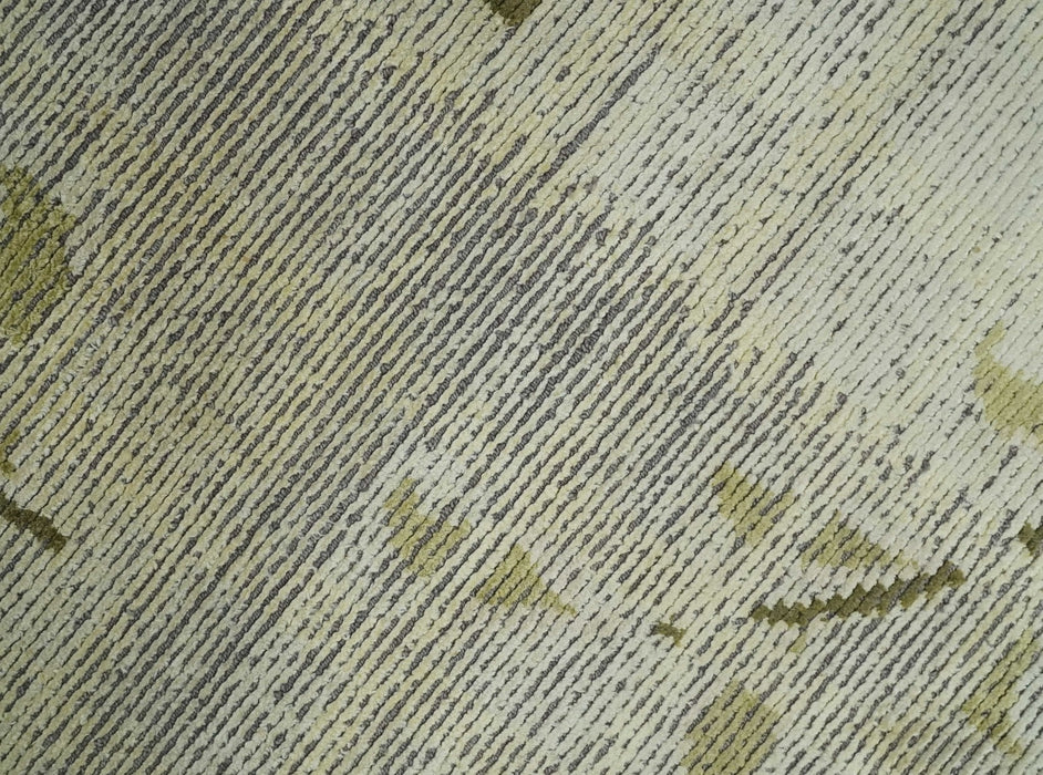 Modern Geometrical 4.6x6.6 Olive, Ivory and Charcoal Floral Hand Knotted Wool and Silk Area Rug