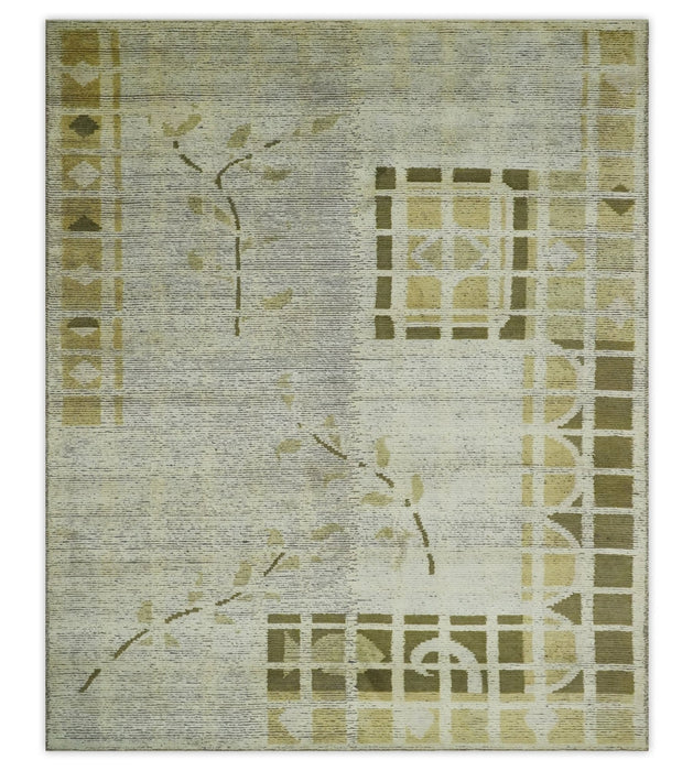 Modern Geometrical 4.6x6.6 Olive, Ivory and Charcoal Floral Hand Knotted Wool and Silk Area Rug
