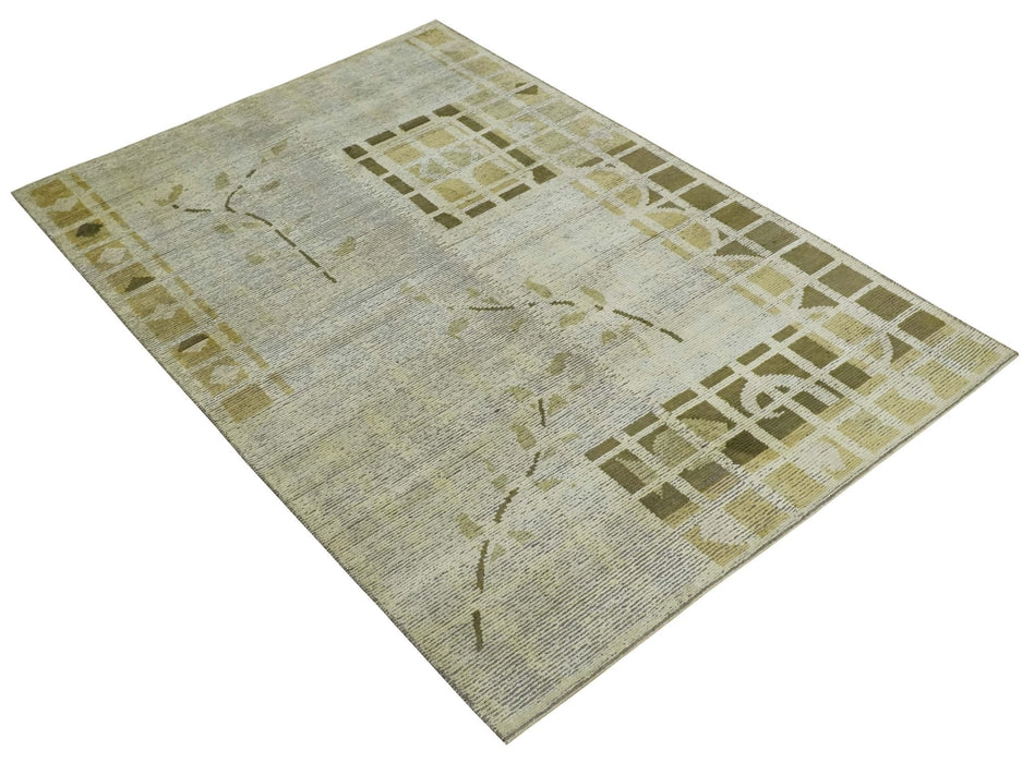 Modern Geometrical 4.6x6.6 Olive, Ivory and Charcoal Floral Hand Knotted Wool and Silk Area Rug