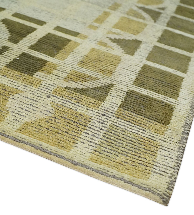 Modern Geometrical 4.6x6.6 Olive, Ivory and Charcoal Floral Hand Knotted Wool and Silk Area Rug