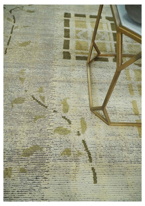 Modern Geometrical 4.6x6.6 Olive, Ivory and Charcoal Floral Hand Knotted Wool and Silk Area Rug