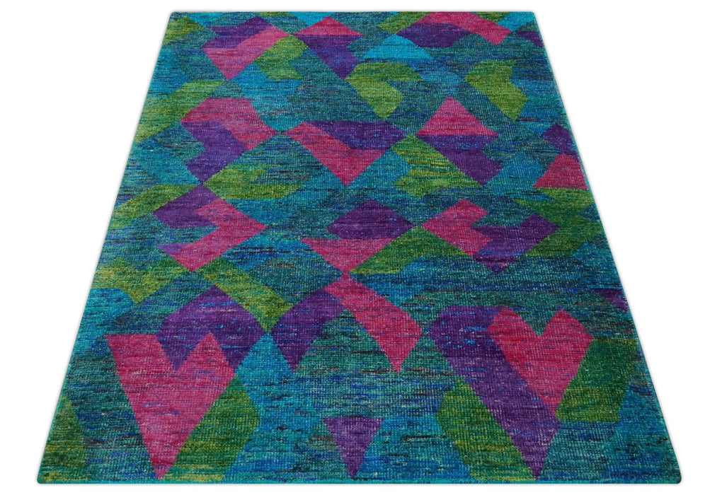 Modern Geometrical 6x8 Blue, Purple, Violet and Green Hand Knotted wool area rug
