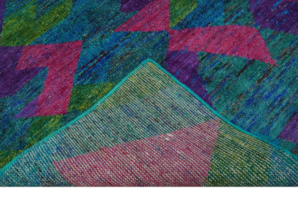 Modern Geometrical 6x8 Blue, Purple, Violet and Green Hand Knotted wool area rug
