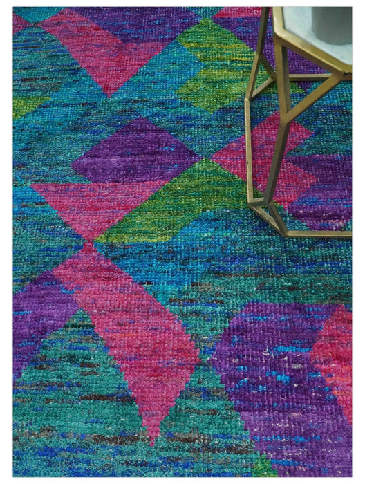 Modern Geometrical 6x8 Blue, Purple, Violet and Green Hand Knotted wool area rug