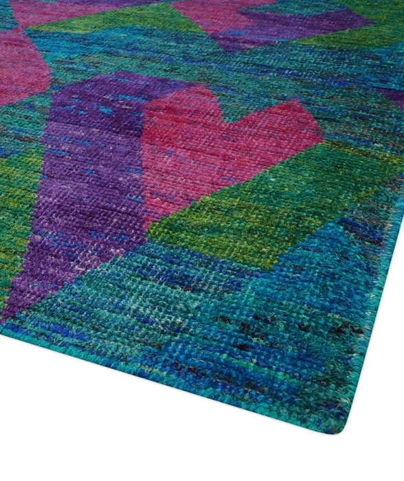 Modern Geometrical 6x8 Blue, Purple, Violet and Green Hand Knotted wool area rug