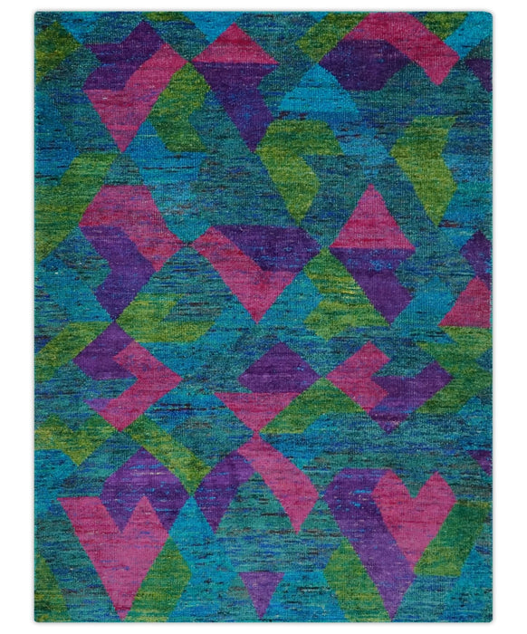Modern Geometrical 6x8 Blue, Purple, Violet and Green Hand Knotted wool area rug