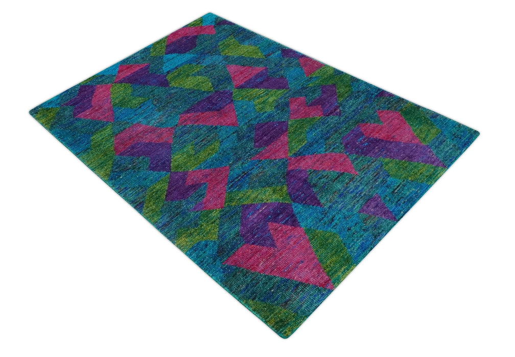Modern Geometrical 6x8 Blue, Purple, Violet and Green Hand Knotted wool area rug