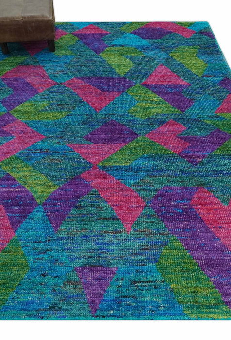 Modern Geometrical 6x8 Blue, Purple, Violet and Green Hand Knotted wool area rug