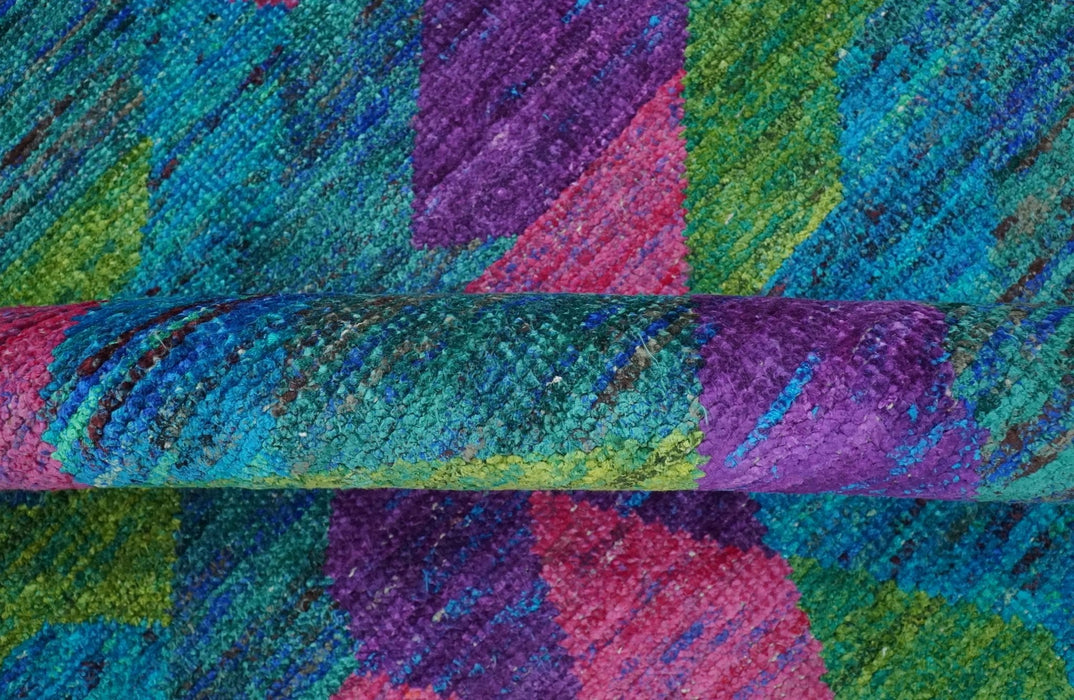 Modern Geometrical 6x8 Blue, Purple, Violet and Green Hand Knotted wool area rug