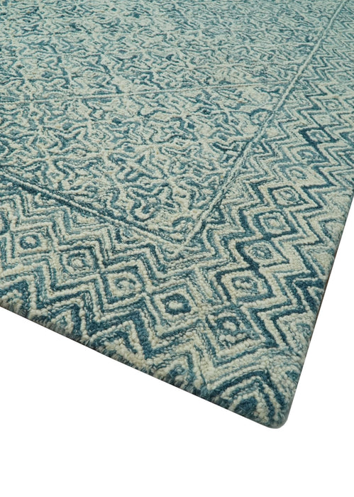 Modern Geometrical 8x10 Teal and Ivory Hand Tufted wool area rug