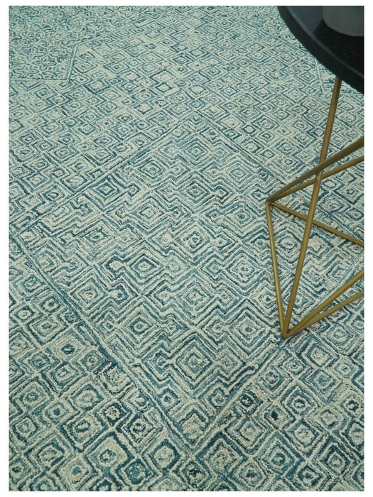 Modern Geometrical 8x10 Teal and Ivory Hand Tufted wool area rug