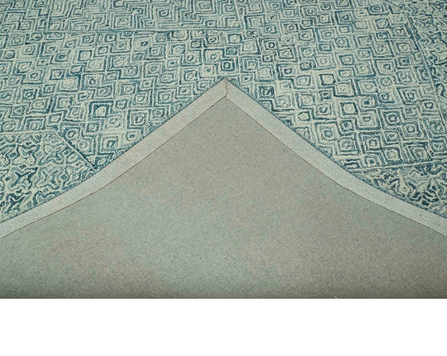 Modern Geometrical 8x10 Teal and Ivory Hand Tufted wool area rug