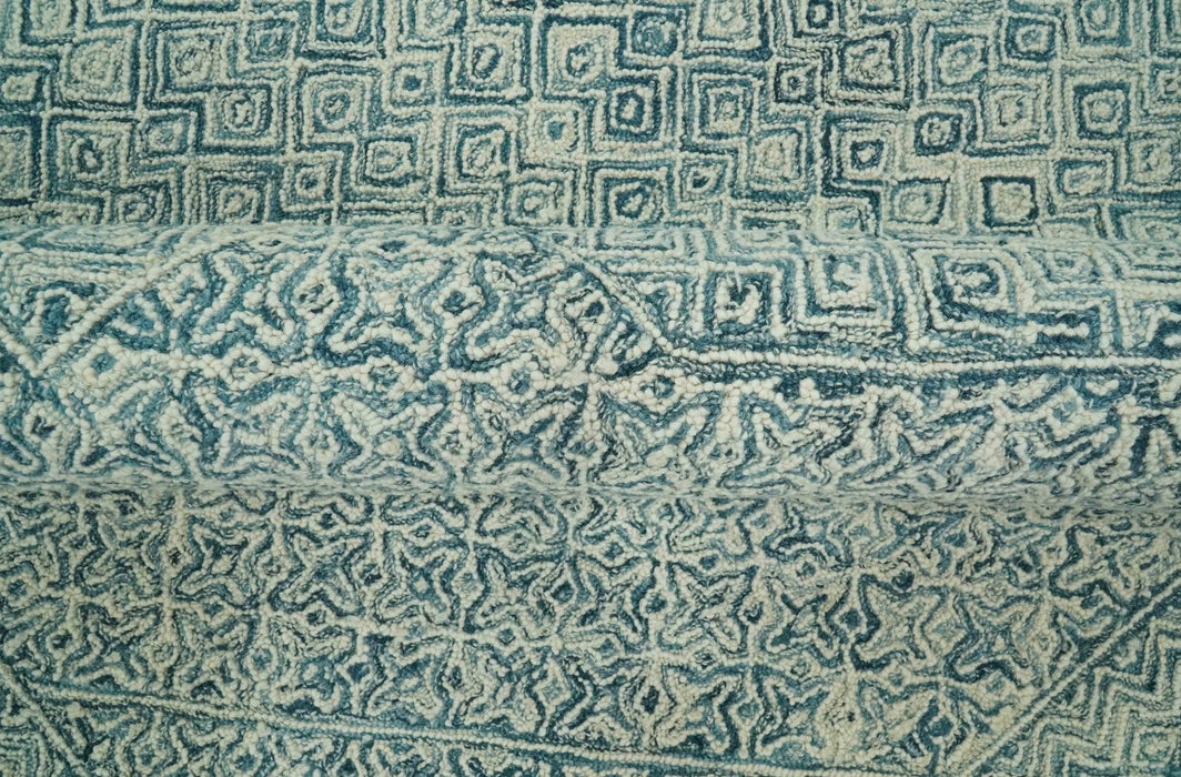 Modern Geometrical 8x10 Teal and Ivory Hand Tufted wool area rug