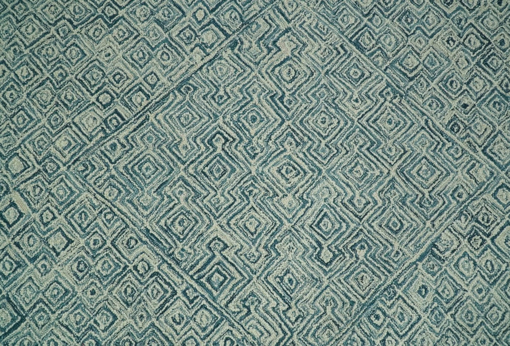 Modern Geometrical 8x10 Teal and Ivory Hand Tufted wool area rug