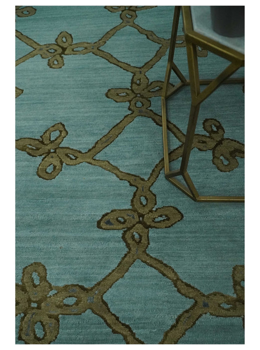 Modern Geometrical Aqua, Camel and Charcoal 6x9 Hand loom Wool and Art Silk Area Rug