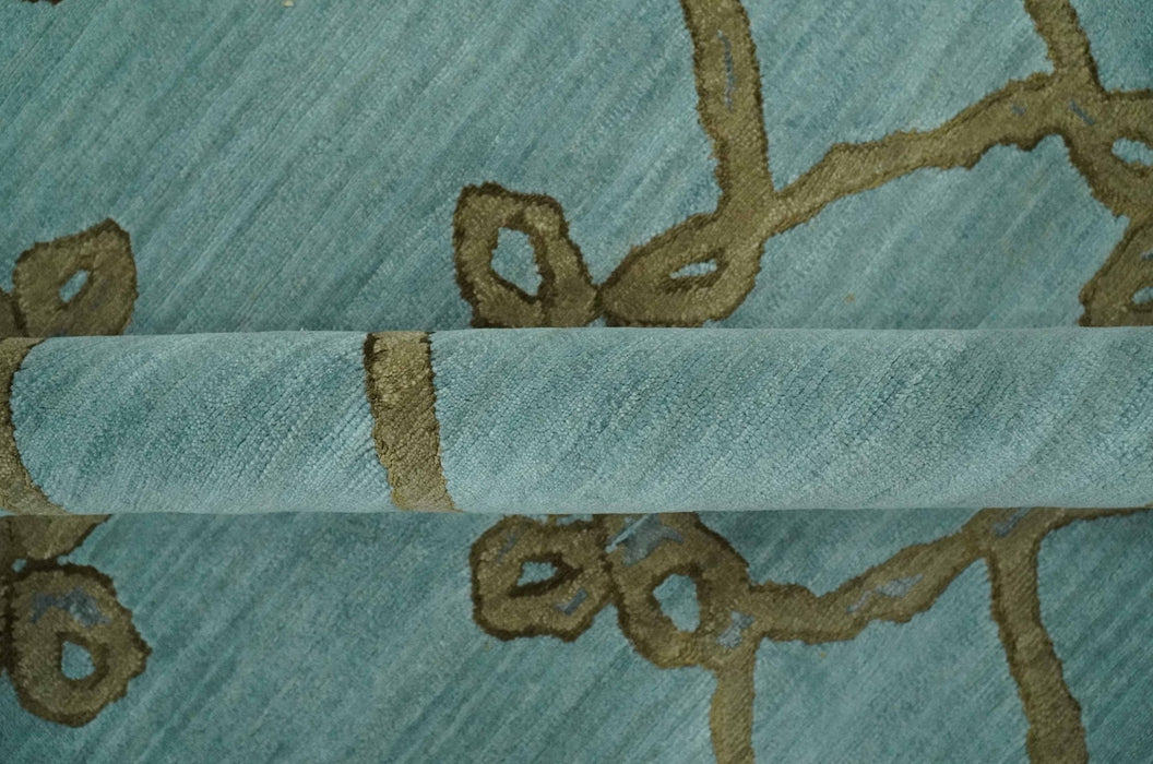 Modern Geometrical Aqua, Camel and Charcoal 6x9 Hand loom Wool and Art Silk Area Rug