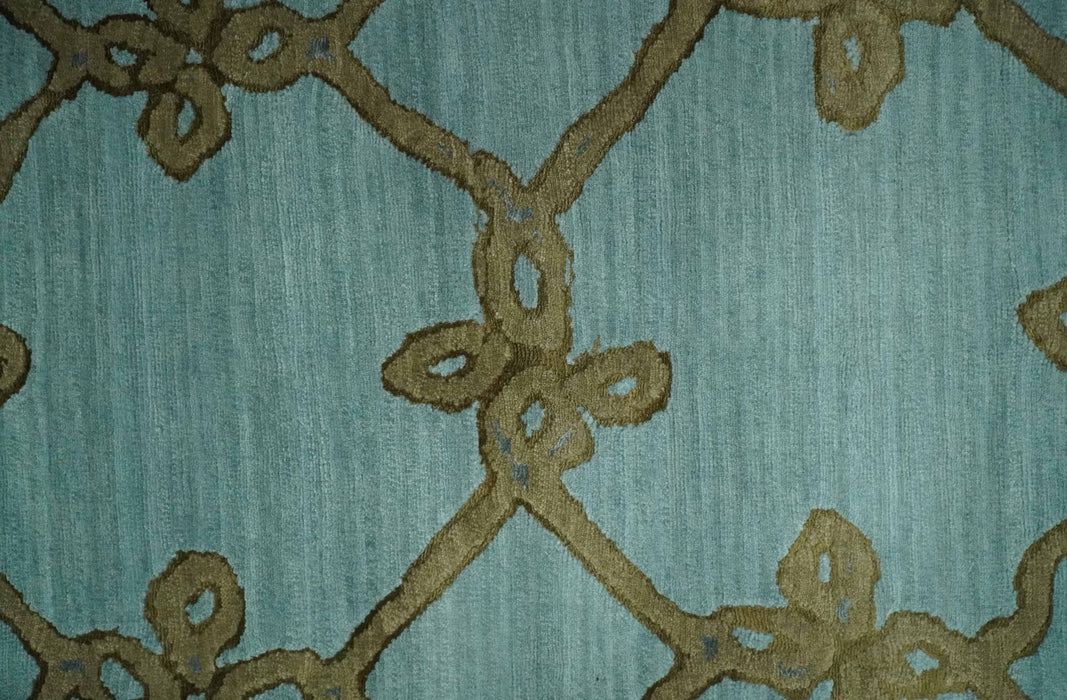 Modern Geometrical Aqua, Camel and Charcoal 6x9 Hand loom Wool and Art Silk Area Rug