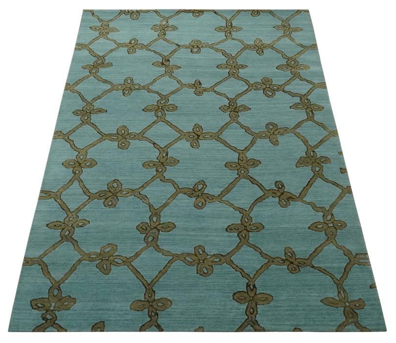 Modern Geometrical Aqua, Camel and Charcoal 6x9 Hand loom Wool and Art Silk Area Rug